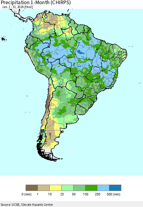South America Precipitation 1-Month (CHIRPS) Thematic Map For 1/1/2024 - 1/31/2024