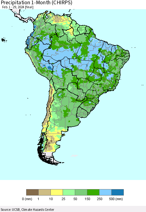 South America Precipitation 1-Month (CHIRPS) Thematic Map For 2/1/2024 - 2/29/2024