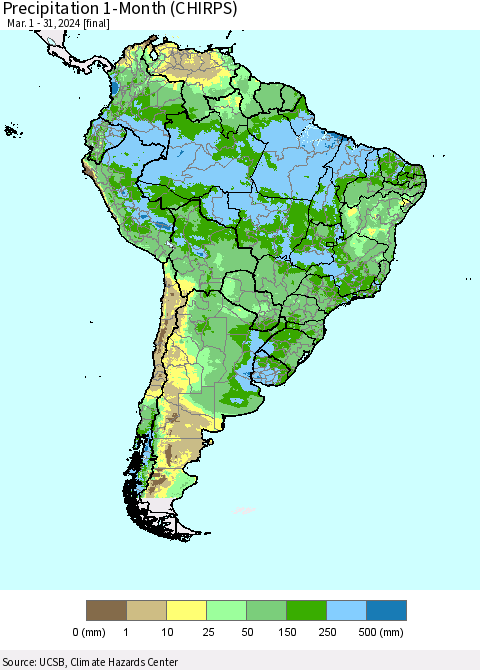 South America Precipitation 1-Month (CHIRPS) Thematic Map For 3/1/2024 - 3/31/2024