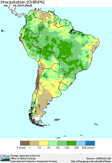 South America Precipitation (CHIRPS) Thematic Map For 1/1/2018 - 1/10/2018