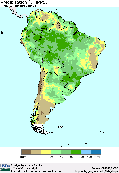 South America Precipitation (CHIRPS) Thematic Map For 1/11/2018 - 1/20/2018