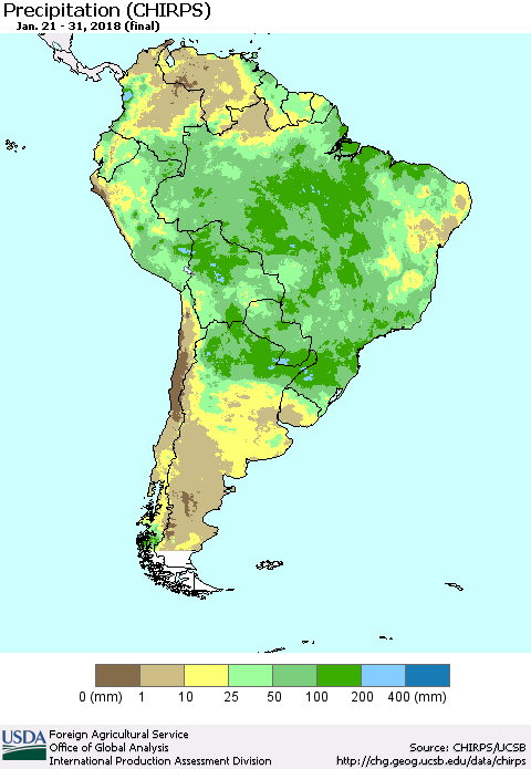 South America Precipitation (CHIRPS) Thematic Map For 1/21/2018 - 1/31/2018