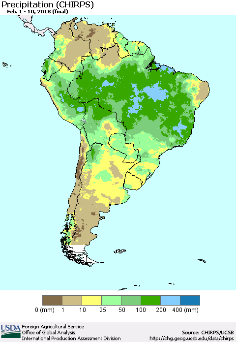 South America Precipitation (CHIRPS) Thematic Map For 2/1/2018 - 2/10/2018