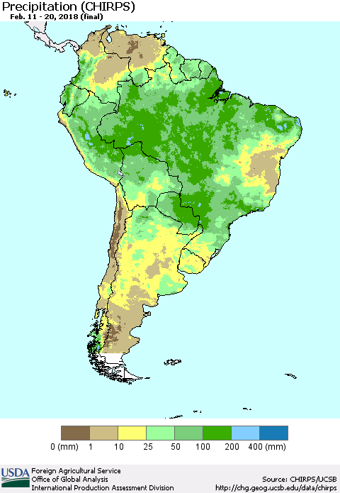 South America Precipitation (CHIRPS) Thematic Map For 2/11/2018 - 2/20/2018
