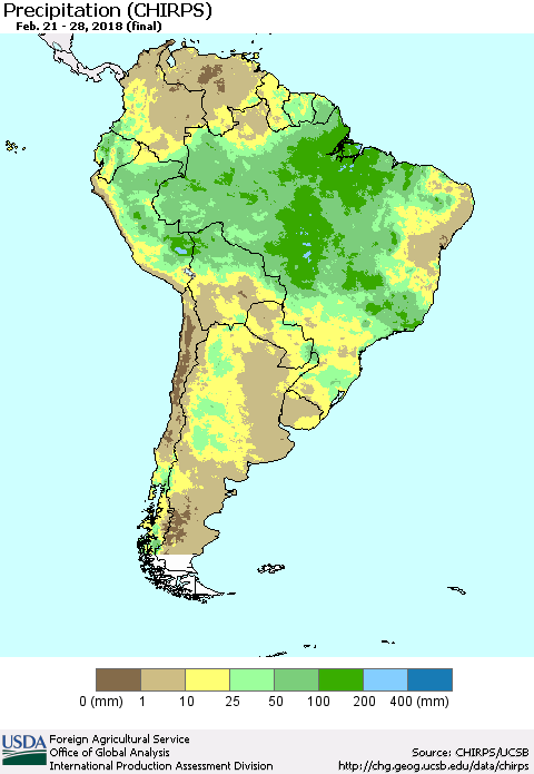 South America Precipitation (CHIRPS) Thematic Map For 2/21/2018 - 2/28/2018