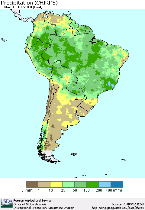 South America Precipitation (CHIRPS) Thematic Map For 3/1/2018 - 3/10/2018