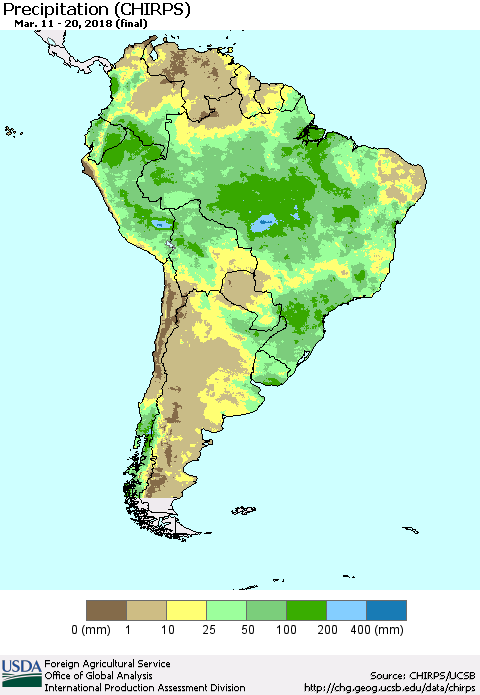 South America Precipitation (CHIRPS) Thematic Map For 3/11/2018 - 3/20/2018