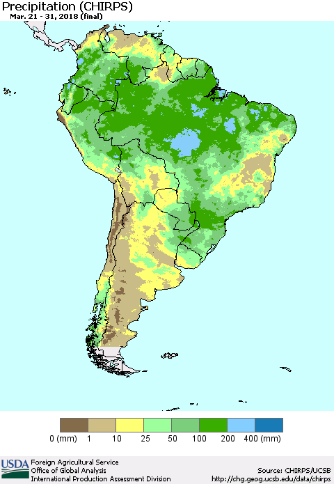 South America Precipitation (CHIRPS) Thematic Map For 3/21/2018 - 3/31/2018