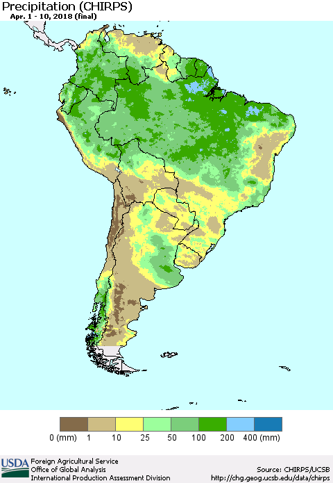 South America Precipitation (CHIRPS) Thematic Map For 4/1/2018 - 4/10/2018