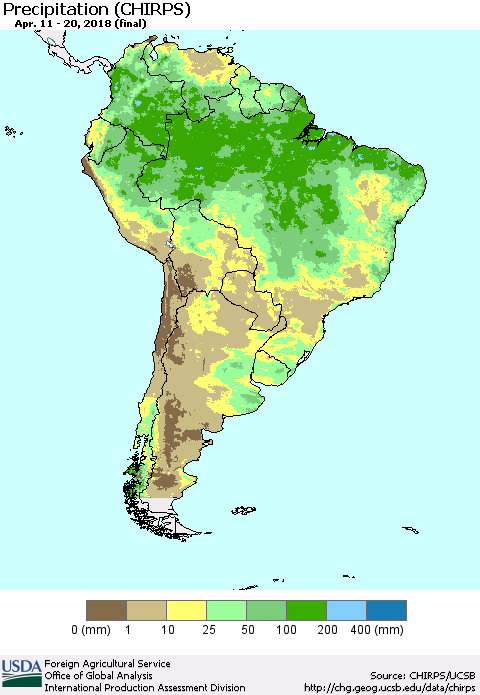South America Precipitation (CHIRPS) Thematic Map For 4/11/2018 - 4/20/2018