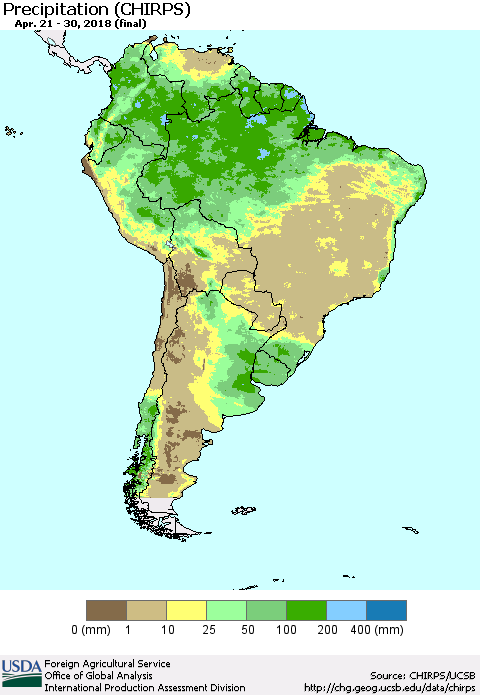 South America Precipitation (CHIRPS) Thematic Map For 4/21/2018 - 4/30/2018