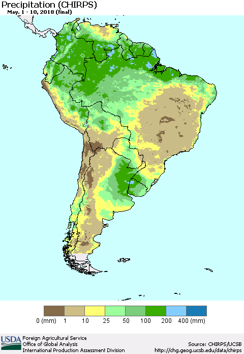 South America Precipitation (CHIRPS) Thematic Map For 5/1/2018 - 5/10/2018
