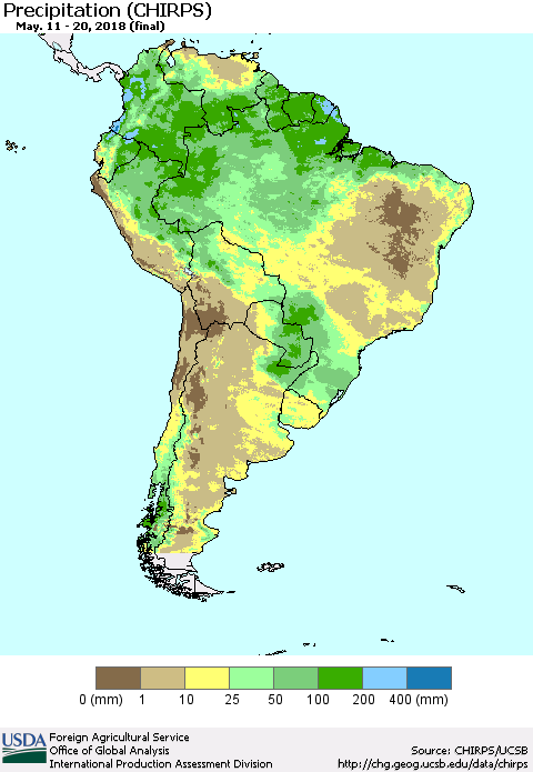 South America Precipitation (CHIRPS) Thematic Map For 5/11/2018 - 5/20/2018