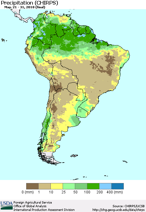 South America Precipitation (CHIRPS) Thematic Map For 5/21/2018 - 5/31/2018