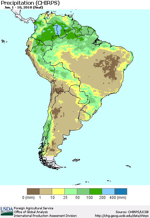 South America Precipitation (CHIRPS) Thematic Map For 6/1/2018 - 6/10/2018
