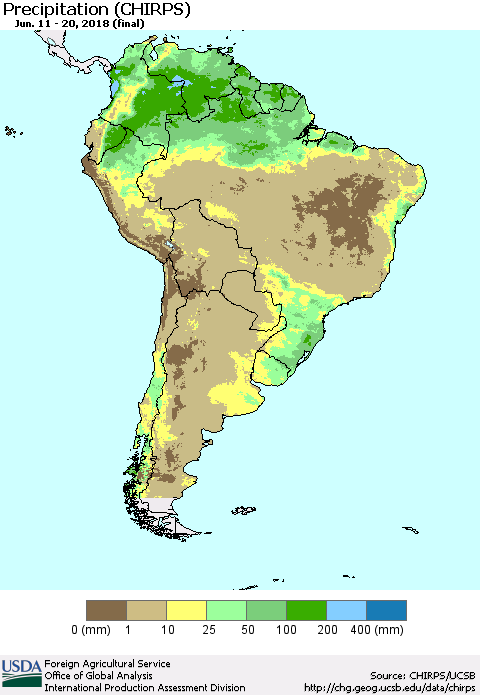 South America Precipitation (CHIRPS) Thematic Map For 6/11/2018 - 6/20/2018