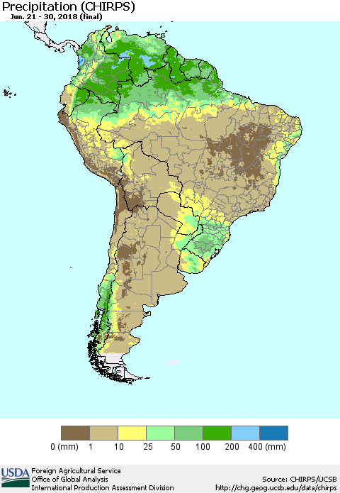 South America Precipitation (CHIRPS) Thematic Map For 6/21/2018 - 6/30/2018