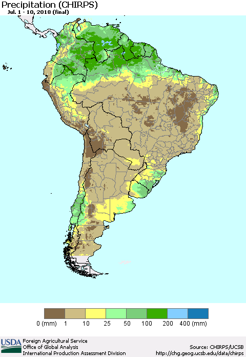 South America Precipitation (CHIRPS) Thematic Map For 7/1/2018 - 7/10/2018