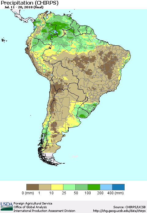 South America Precipitation (CHIRPS) Thematic Map For 7/11/2018 - 7/20/2018