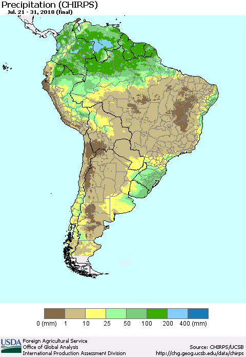 South America Precipitation (CHIRPS) Thematic Map For 7/21/2018 - 7/31/2018