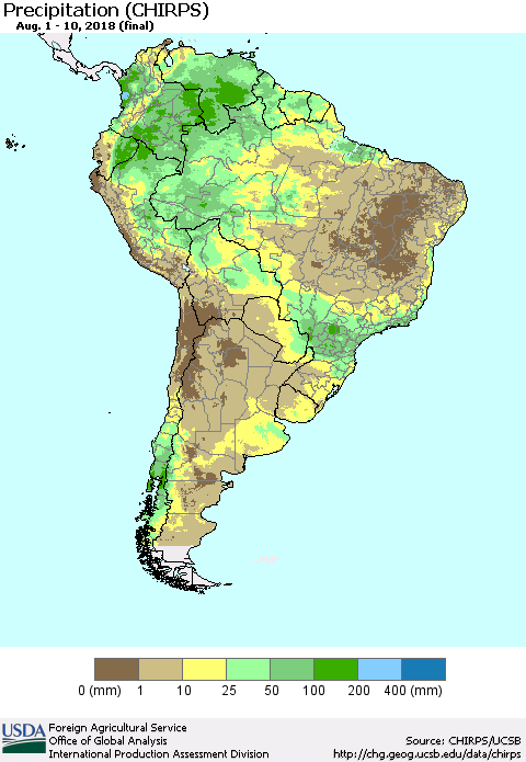 South America Precipitation (CHIRPS) Thematic Map For 8/1/2018 - 8/10/2018