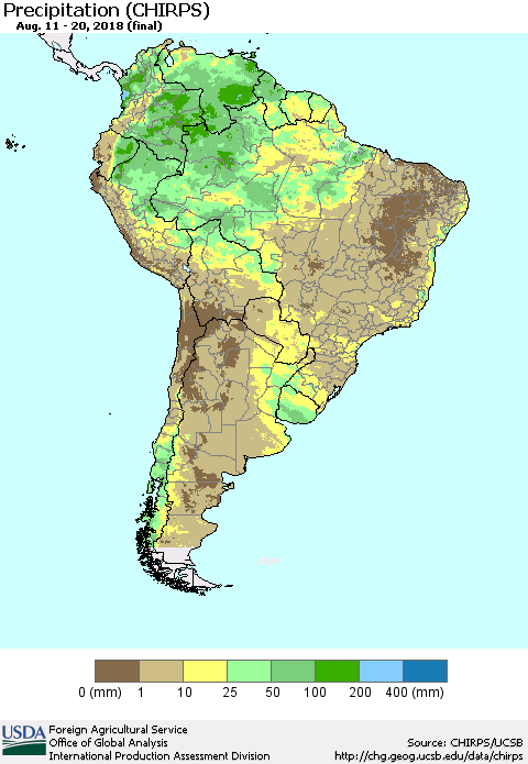 South America Precipitation (CHIRPS) Thematic Map For 8/11/2018 - 8/20/2018