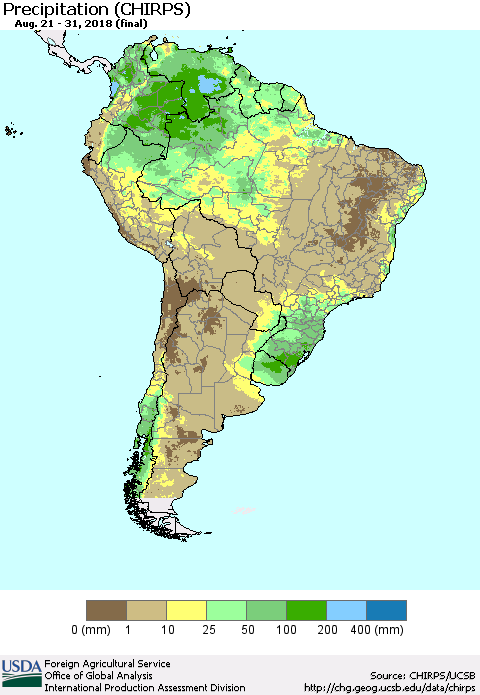 South America Precipitation (CHIRPS) Thematic Map For 8/21/2018 - 8/31/2018