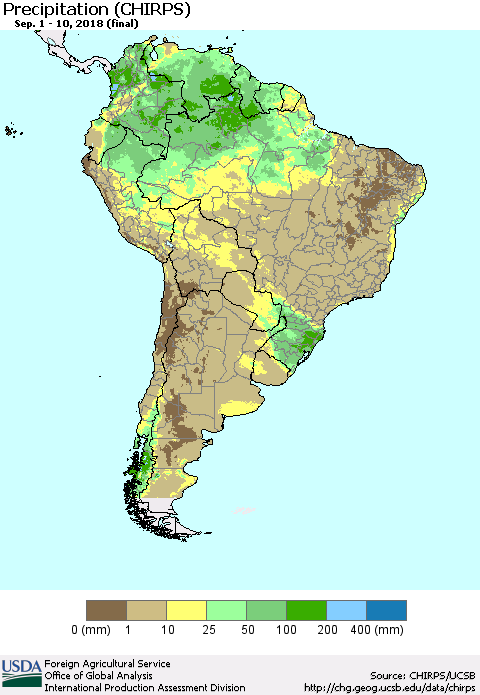 South America Precipitation (CHIRPS) Thematic Map For 9/1/2018 - 9/10/2018