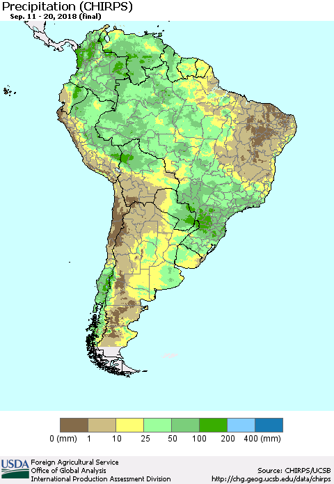 South America Precipitation (CHIRPS) Thematic Map For 9/11/2018 - 9/20/2018