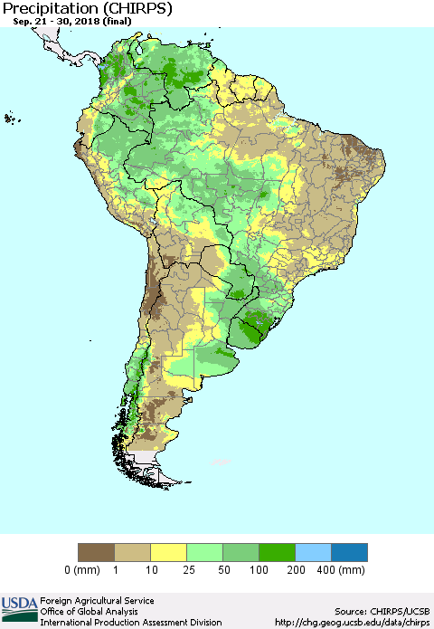 South America Precipitation (CHIRPS) Thematic Map For 9/21/2018 - 9/30/2018
