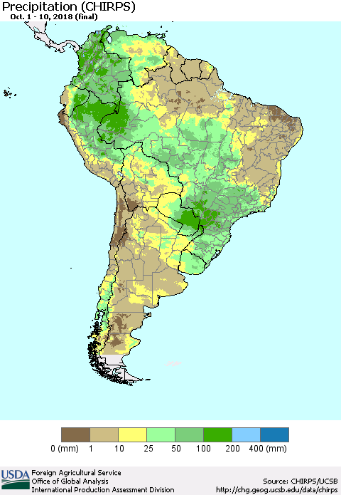 South America Precipitation (CHIRPS) Thematic Map For 10/1/2018 - 10/10/2018