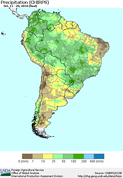 South America Precipitation (CHIRPS) Thematic Map For 10/11/2018 - 10/20/2018