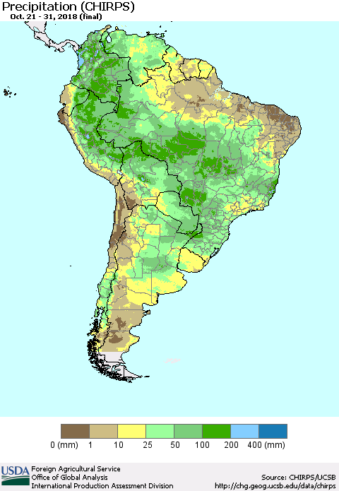 South America Precipitation (CHIRPS) Thematic Map For 10/21/2018 - 10/31/2018