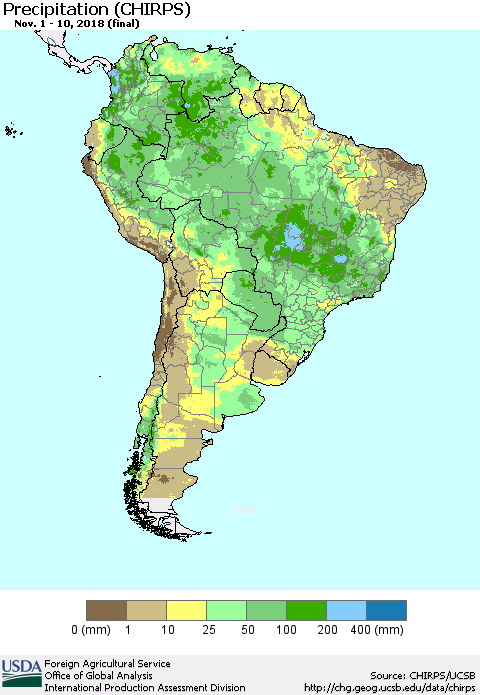 South America Precipitation (CHIRPS) Thematic Map For 11/1/2018 - 11/10/2018