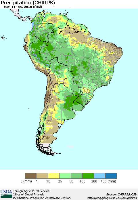 South America Precipitation (CHIRPS) Thematic Map For 11/11/2018 - 11/20/2018