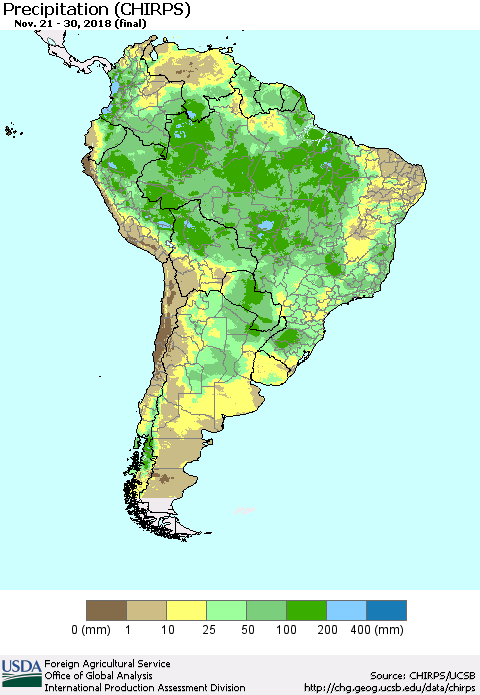 South America Precipitation (CHIRPS) Thematic Map For 11/21/2018 - 11/30/2018