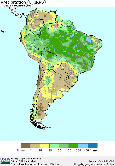 South America Precipitation (CHIRPS) Thematic Map For 12/1/2018 - 12/10/2018