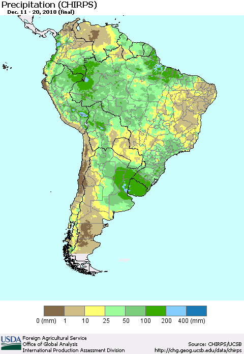 South America Precipitation (CHIRPS) Thematic Map For 12/11/2018 - 12/20/2018