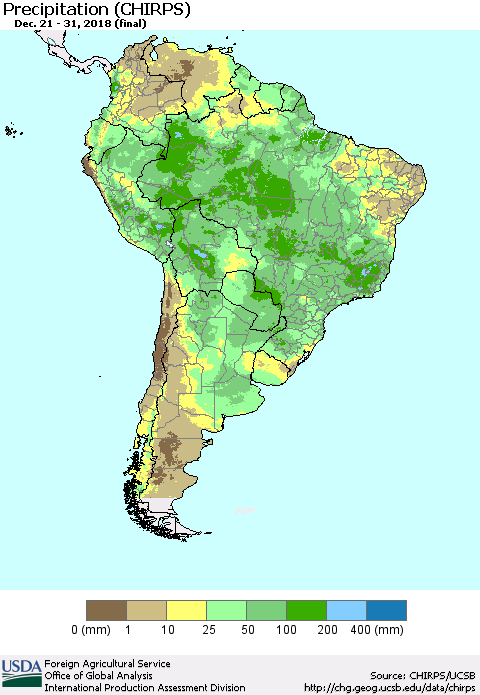 South America Precipitation (CHIRPS) Thematic Map For 12/21/2018 - 12/31/2018
