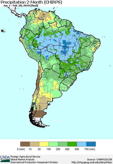 South America Precipitation 2-Month (CHIRPS) Thematic Map For 1/1/2018 - 2/28/2018