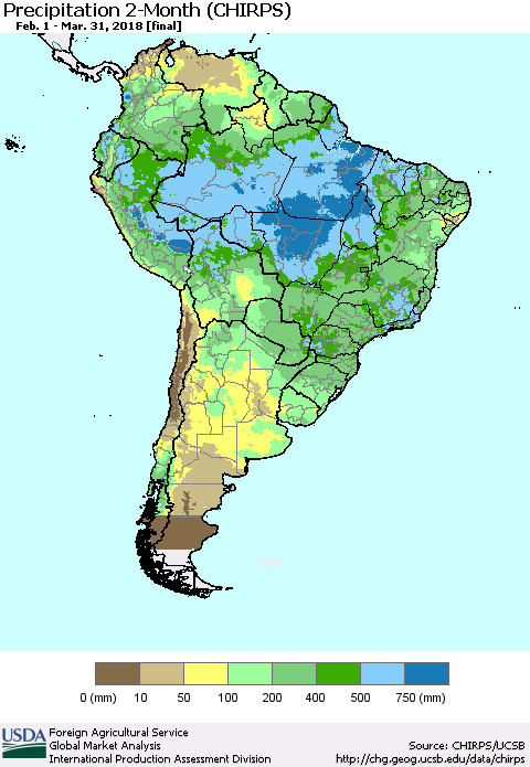 South America Precipitation 2-Month (CHIRPS) Thematic Map For 2/1/2018 - 3/31/2018