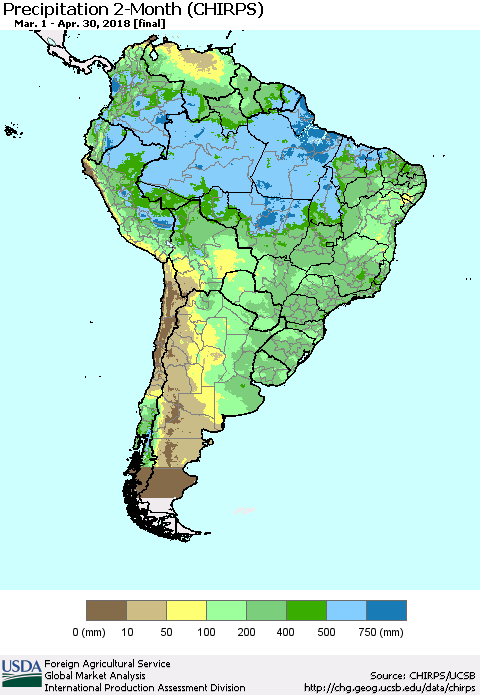 South America Precipitation 2-Month (CHIRPS) Thematic Map For 3/1/2018 - 4/30/2018