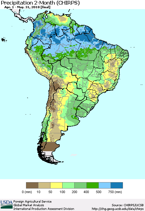 South America Precipitation 2-Month (CHIRPS) Thematic Map For 4/1/2018 - 5/31/2018