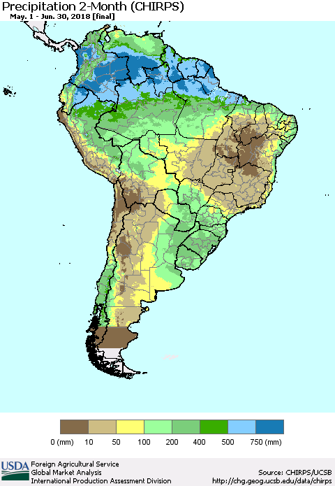 South America Precipitation 2-Month (CHIRPS) Thematic Map For 5/1/2018 - 6/30/2018