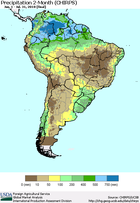 South America Precipitation 2-Month (CHIRPS) Thematic Map For 6/1/2018 - 7/31/2018