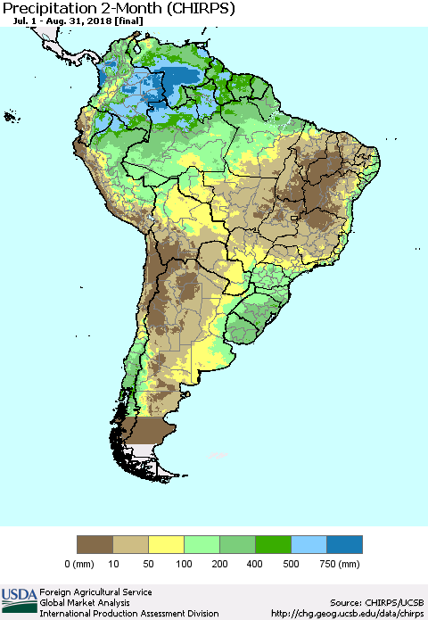 South America Precipitation 2-Month (CHIRPS) Thematic Map For 7/1/2018 - 8/31/2018