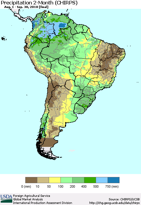 South America Precipitation 2-Month (CHIRPS) Thematic Map For 8/1/2018 - 9/30/2018