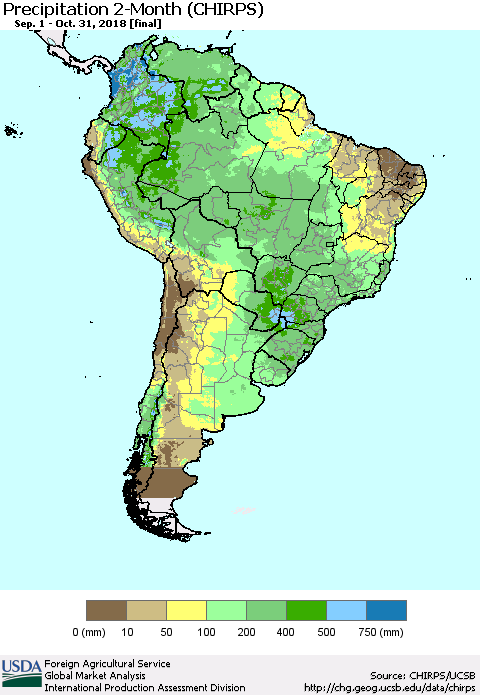 South America Precipitation 2-Month (CHIRPS) Thematic Map For 9/1/2018 - 10/31/2018