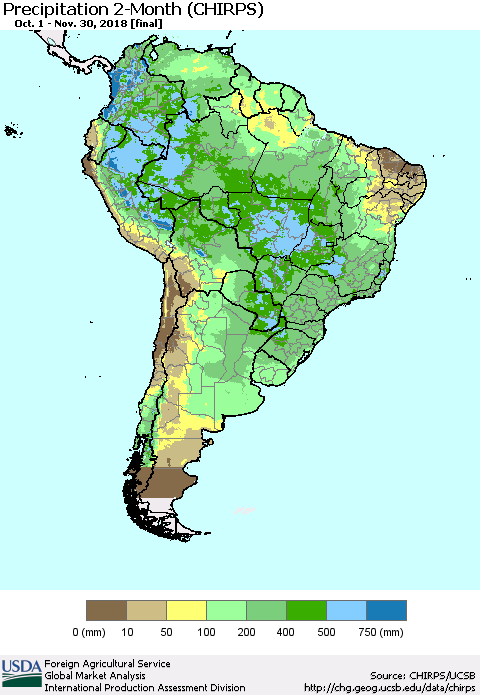 South America Precipitation 2-Month (CHIRPS) Thematic Map For 10/1/2018 - 11/30/2018