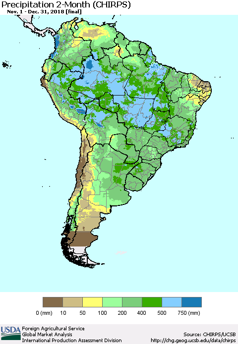 South America Precipitation 2-Month (CHIRPS) Thematic Map For 11/1/2018 - 12/31/2018